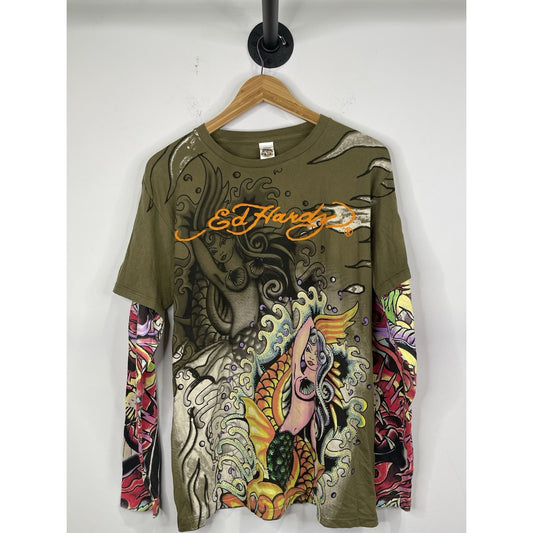 VTG Ed Hardy Christian Audigier Jeweled Long Sleeve Shirt L Made In USA