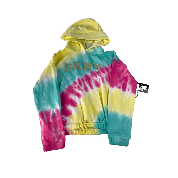 Girls DKNY NWT Pastel Tie Dye Sequin Logo Cropped Pullover Hoodie SIZE L 12