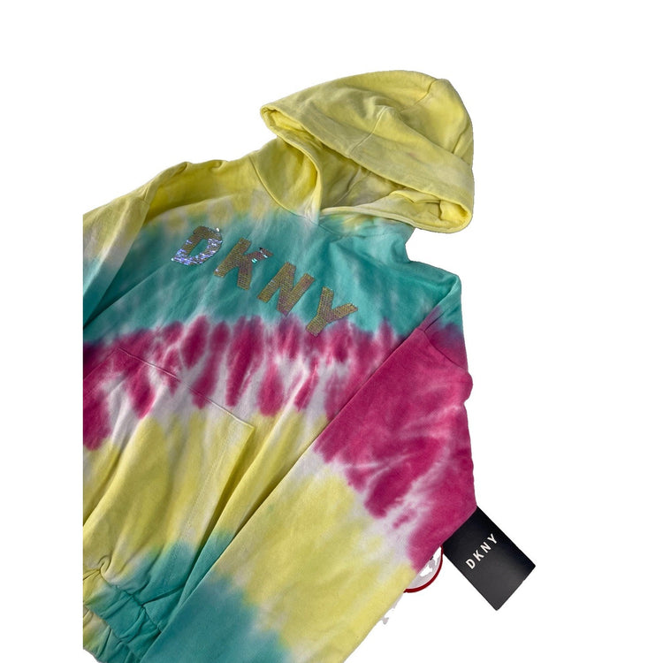 Girls DKNY NWT Pastel Tie Dye Sequin Logo Cropped Pullover Hoodie SIZE L 12