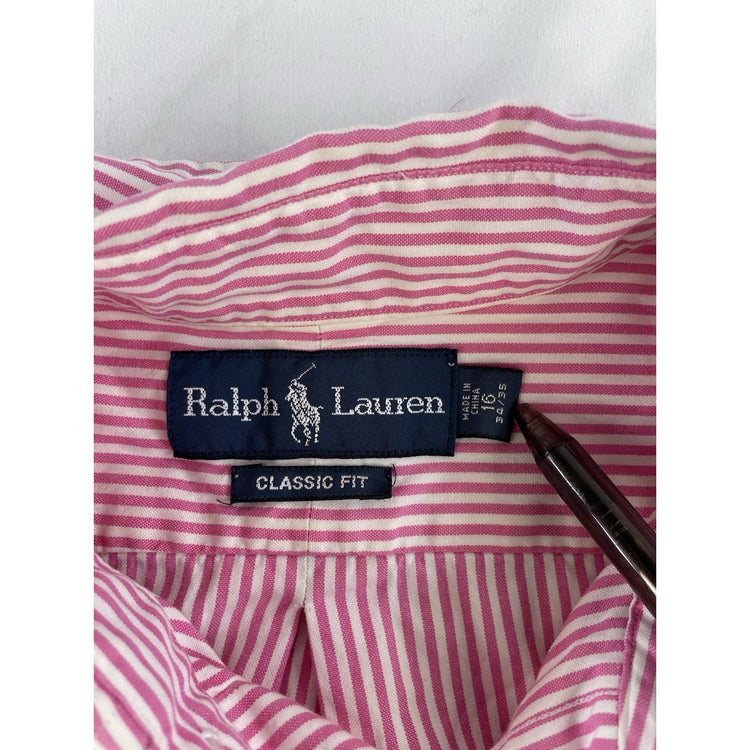 Mens Polo Ralph Lauren Classic Fit Pink & White Striped Button Down size 16