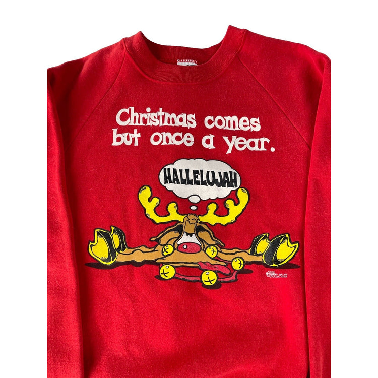 Mens Vintage Fruit of the Loom Red Christmas Reindeer Graphic Sweatshirt Size M