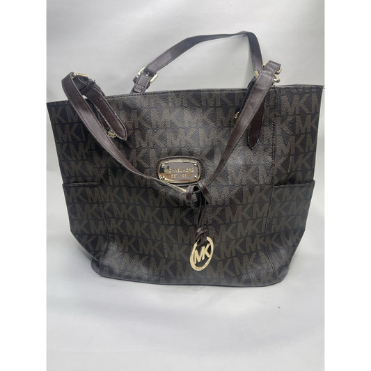 Brown Michael Kors Signature Pebble Leather Logo Monogram Tote