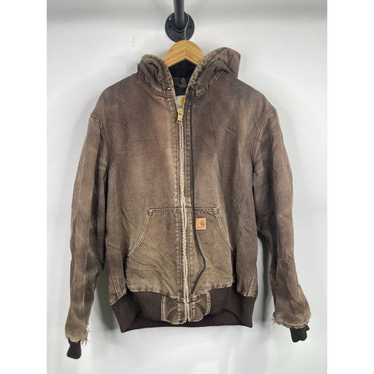 VTG Carhartt J130 CHT Fleece Lined Full Zip Distressed Hooded Jacket Brown 2XL
