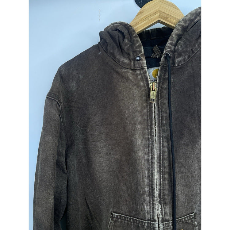 VTG Carhartt J130 CHT Fleece Lined Full Zip Distressed Hooded Jacket Brown 2XL