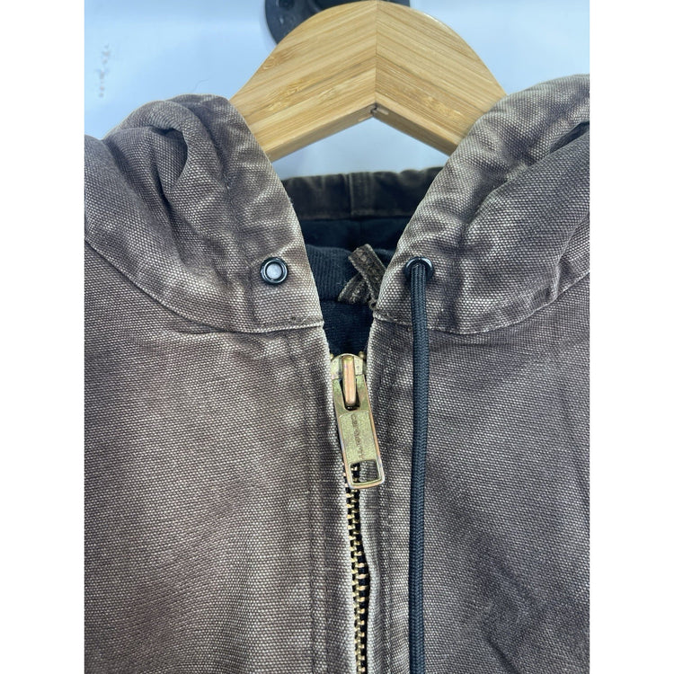 VTG Carhartt J130 CHT Fleece Lined Full Zip Distressed Hooded Jacket Brown 2XL