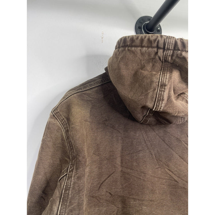 VTG Carhartt J130 CHT Fleece Lined Full Zip Distressed Hooded Jacket Brown 2XL