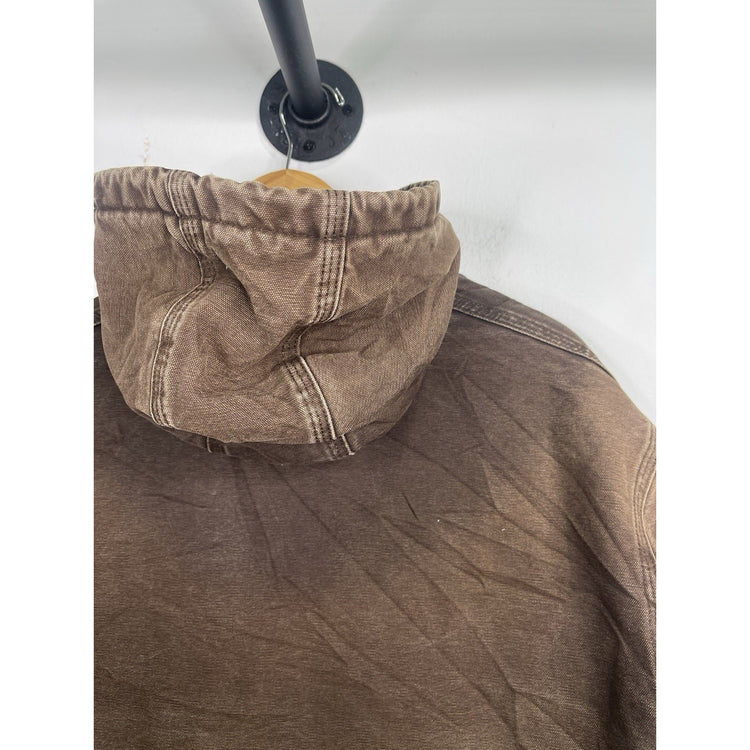 VTG Carhartt J130 CHT Fleece Lined Full Zip Distressed Hooded Jacket Brown 2XL