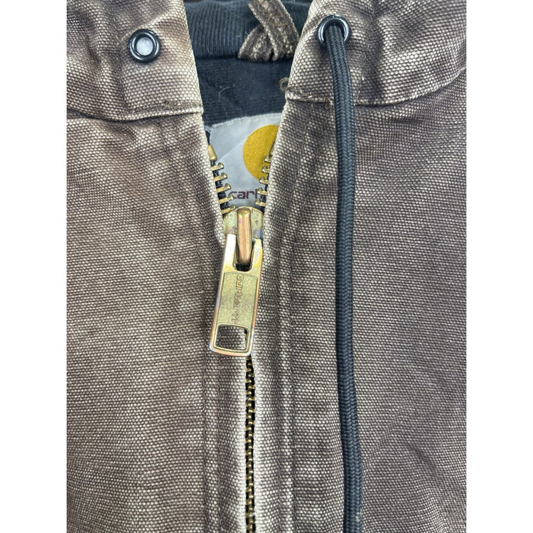VTG Carhartt J130 CHT Fleece Lined Full Zip Distressed Hooded Jacket Brown 2XL
