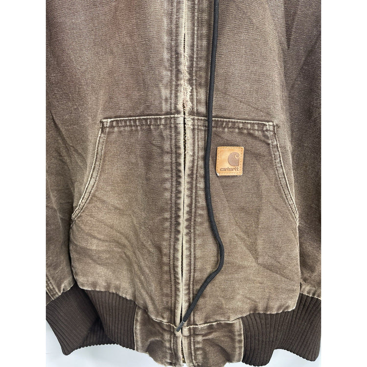 VTG Carhartt J130 CHT Fleece Lined Full Zip Distressed Hooded Jacket Brown 2XL