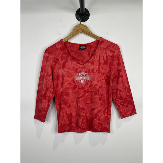 Women’s Vintage Harley Davidson Red Tie Dye Sleeve Cropped T Shirt Sz M
