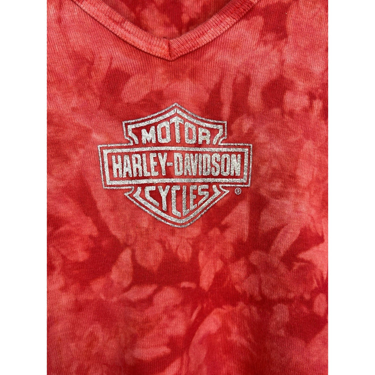 Women’s Vintage Harley Davidson Red Tie Dye Sleeve Cropped T Shirt Sz M