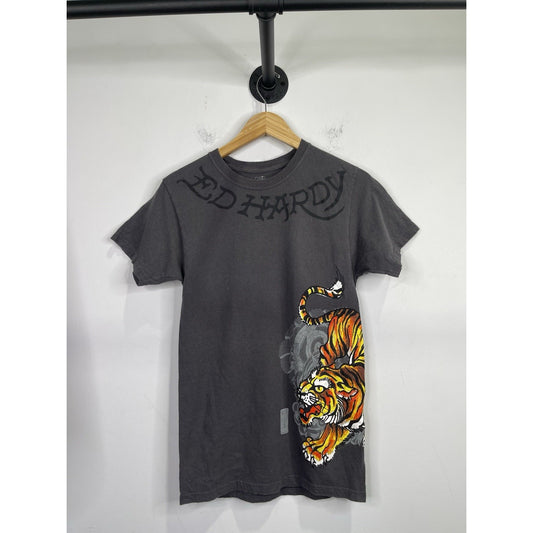 Men’s Vintage Y2K Ed Hardy Graphic Tiger Wraparound Gray T-Shirt Size S