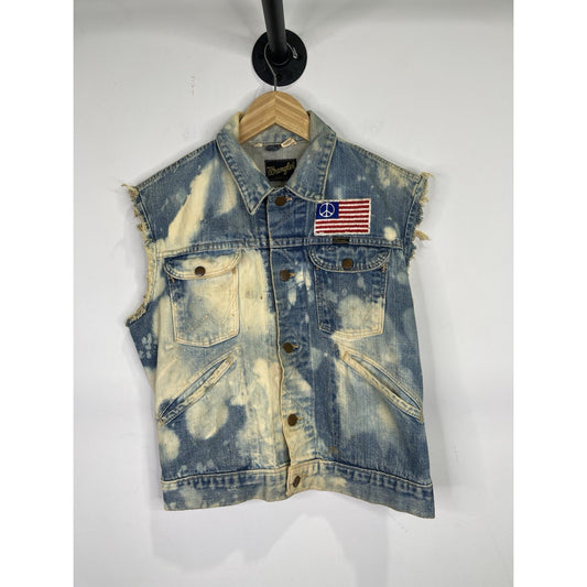 Men’s Wrangler Bleached Denim Vest Blue Slim Sleeveless Distressed Jacket Sz 40