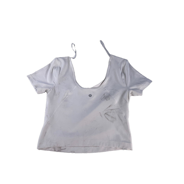 Women Lululemon White Nulu V Neck Align Cropped Gym T-Shirt AS IS STAINED Size M