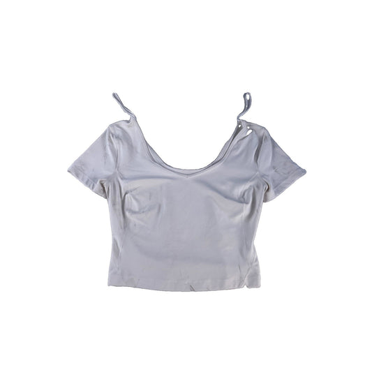 Women Lululemon White Nulu V Neck Align Cropped Gym T-Shirt AS IS STAINED Size M