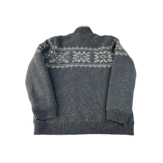 Mens L.L. Bean Gray 100% Lambswool Fleece Lined Nordic Fair Isle Sweater XL Tall