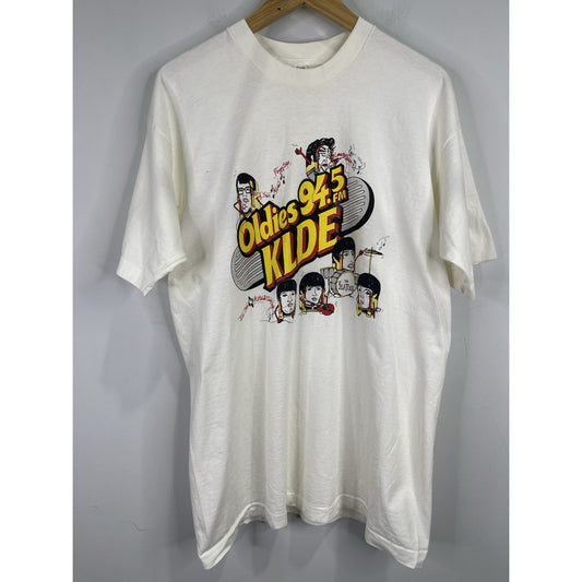 Men’s White VTG Radio Art T-shirt Oldies 94.5 FM KLDE The Beatles Tee XL