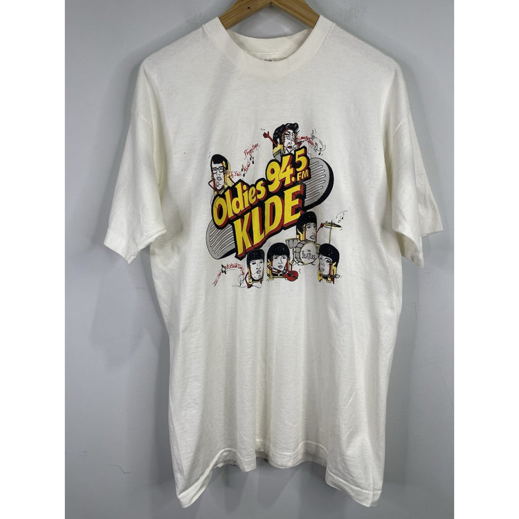 Men’s White VTG Radio Art T-shirt Oldies 94.5 FM KLDE The Beatles Tee XL