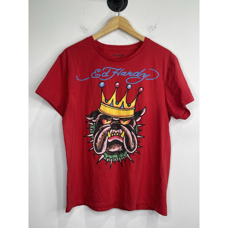 Ed Hardy Crown Bulldog Cotton Poly Short Sleeves Red T-Shirt Men’s Size Large