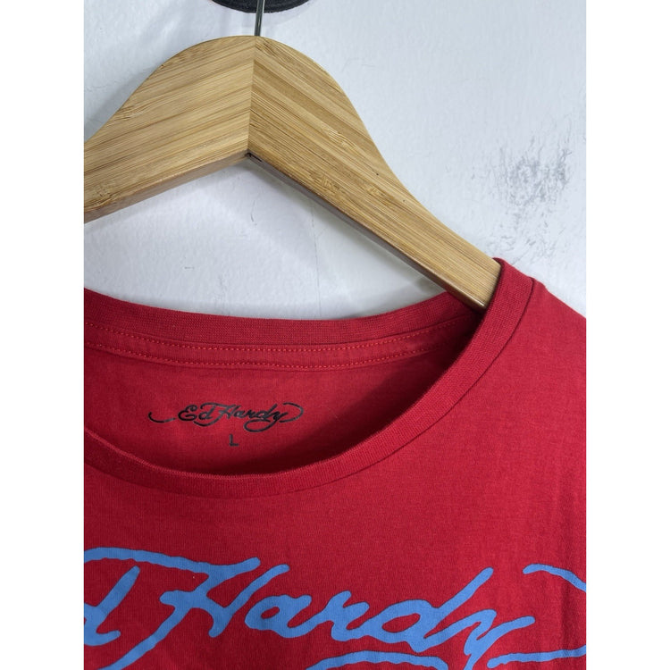 Ed Hardy Crown Bulldog Cotton Poly Short Sleeves Red T-Shirt Men’s Size Large