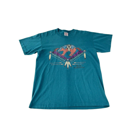 Mens Vintage Oneita Teal Cherokee North Carolina Native Bear Graphic Tee SIZE L