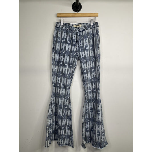 Rock & Roll Denim Bargain Button Bell Bottom Jeans 31x36 Aztec Print Flare Y2K