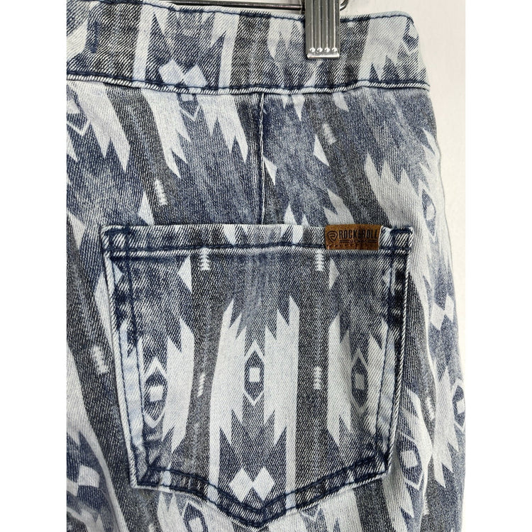 Rock & Roll Denim Bargain Button Bell Bottom Jeans 31x36 Aztec Print Flare Y2K