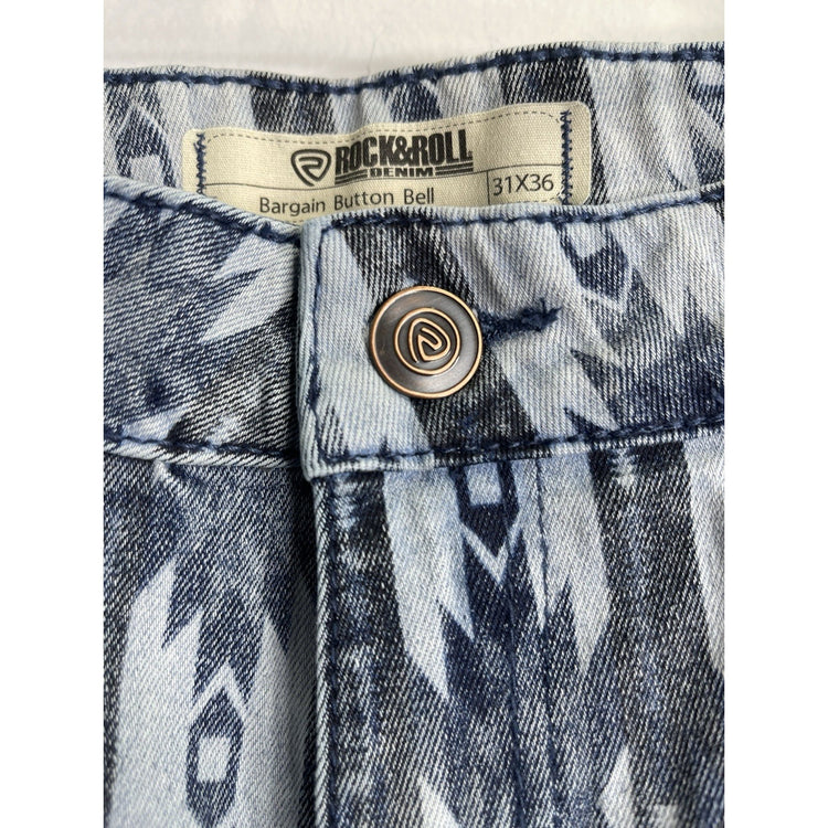 Rock & Roll Denim Bargain Button Bell Bottom Jeans 31x36 Aztec Print Flare Y2K