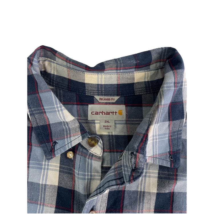 Mens Carhartt Relaxed Fit Blue & White Plaid Long Sleeve Button Down Size 2XL
