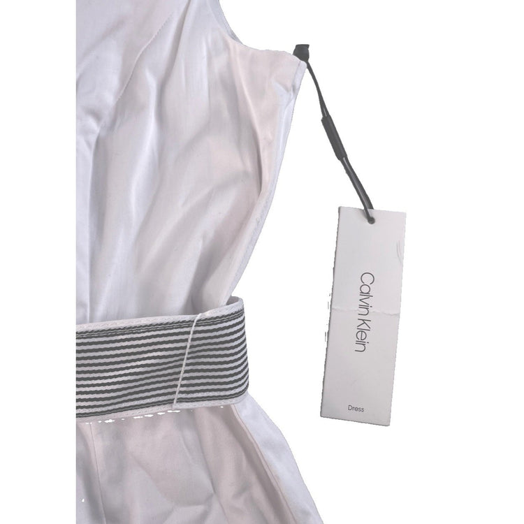 Women Calvin Klein White Sleeveless Midi Dress Striped Belt Size 10