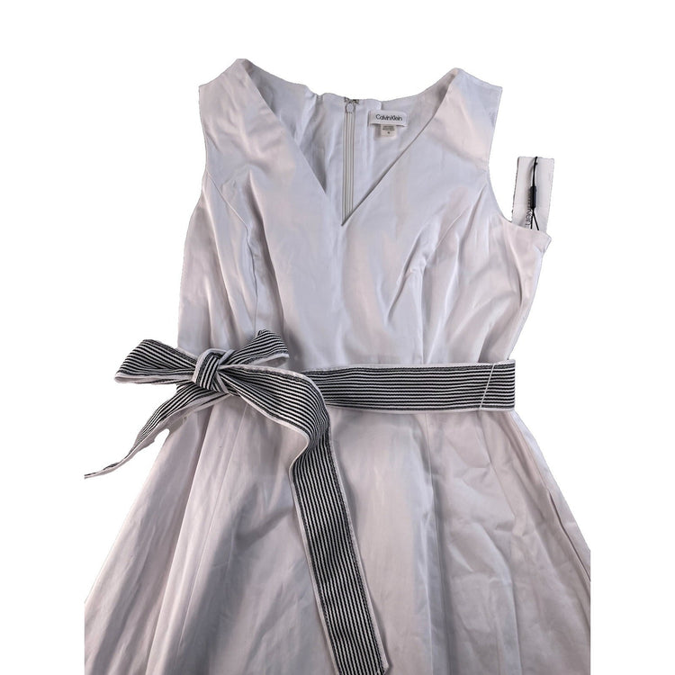 Women Calvin Klein White Sleeveless Midi Dress Striped Belt Size 10