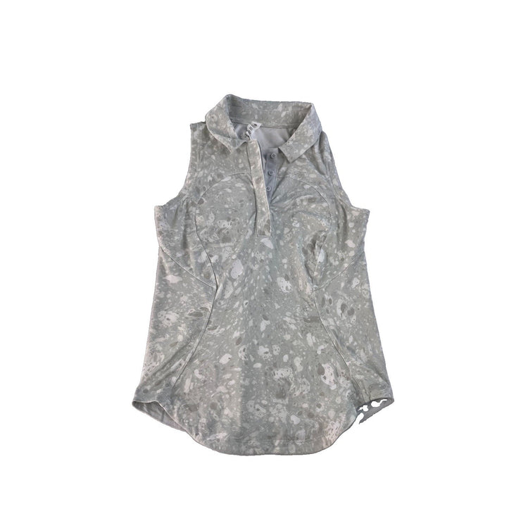 Women Lululemon Sleeveless Athletic Polo Shirt Grey/White Abstract Splater Size0