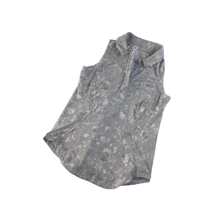 Women Lululemon Sleeveless Athletic Polo Shirt Grey/White Abstract Splater Size0