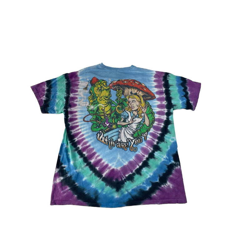 Men Liquid Blue Alice in Wonderland Mad Hatter & Caterpillar TieDye Tee Size XL