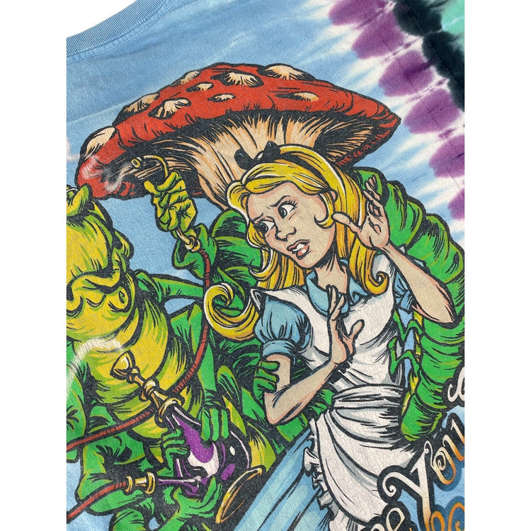 Men Liquid Blue Alice in Wonderland Mad Hatter & Caterpillar TieDye Tee Size XL