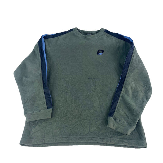 Men’s Vintage Y2K Nike Fleece Crewneck Sweatshirt Olive Green Blue Stripe Size M