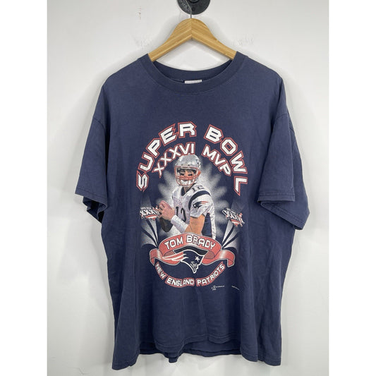 Men’s Navy Blue Vintage Tom Brady Super Bowl XXXVI MVP T-shirt Sz XL