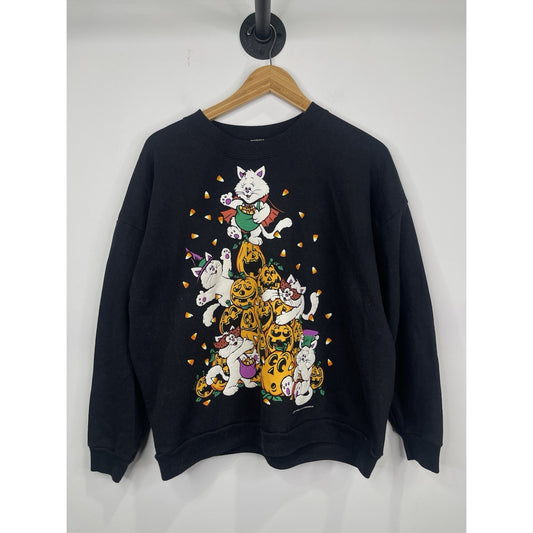 Vintage 90s Sun Sportswear Halloween Sweatshirt Black with Cats, Pumpkins, & Candy Corn Size XL