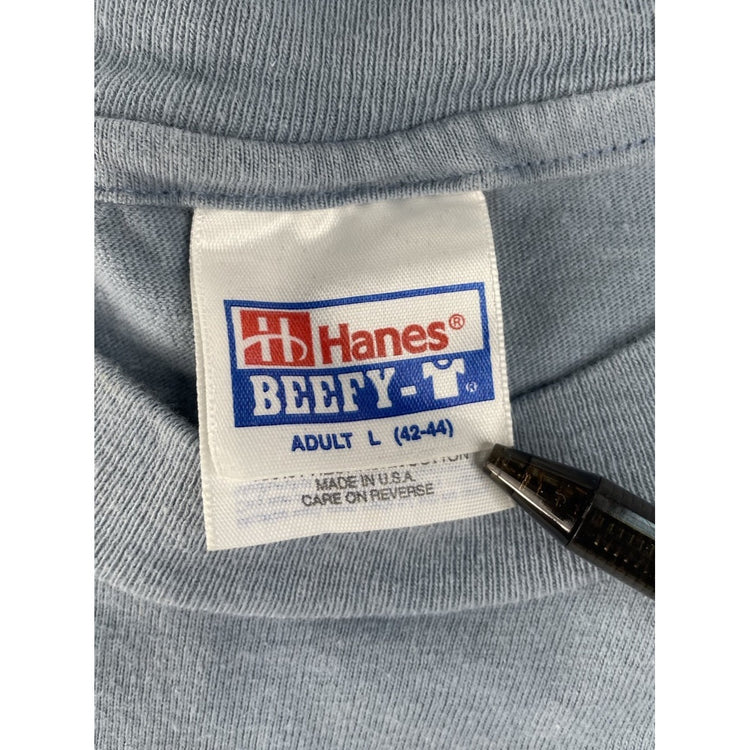 Mens Vintage 90s Hanes Beefy T Blue Single Stitch Angel Graphic Tee Size L