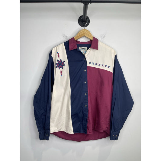 Adult VTG Wrangler Pearl Snap Western Cowboy Shirt Long Sleeve Aztec Sz L