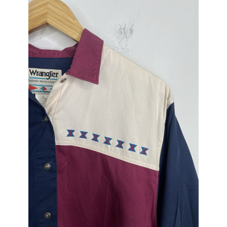 Adult VTG Wrangler Pearl Snap Western Cowboy Shirt Long Sleeve Aztec Sz L
