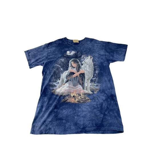 Mens Vintage The Mountain Blue Tie Dye Native American Woman Wolf Shirt SIZE L