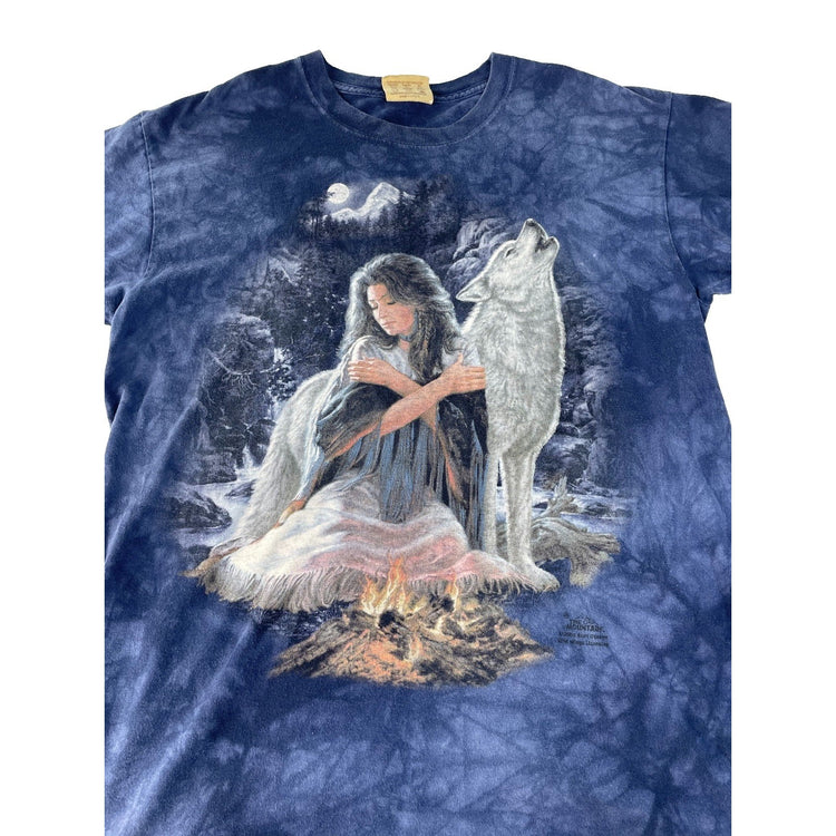 Mens Vintage The Mountain Blue Tie Dye Native American Woman Wolf Shirt SIZE L