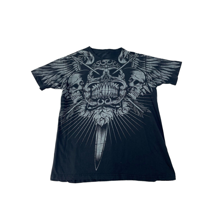 Mens Carbon Black Skull Dagger Wing Print Y2K Mall Goth Graphic Tee Size L