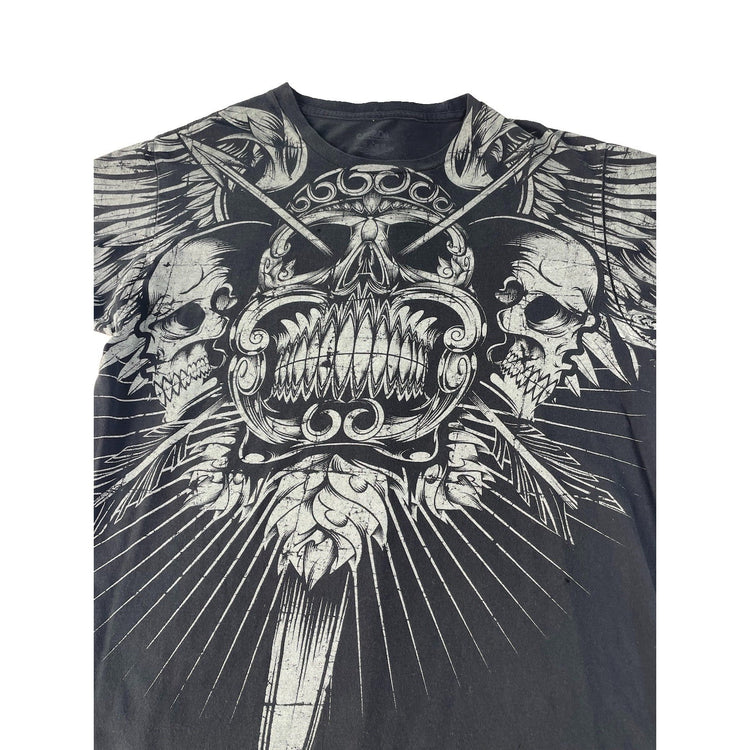 Mens Carbon Black Skull Dagger Wing Print Y2K Mall Goth Graphic Tee Size L