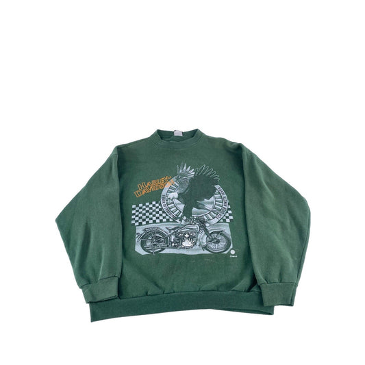 Mens Vintage Harley Davidson Motorcycle Green Graphic Sweatshirt Size L