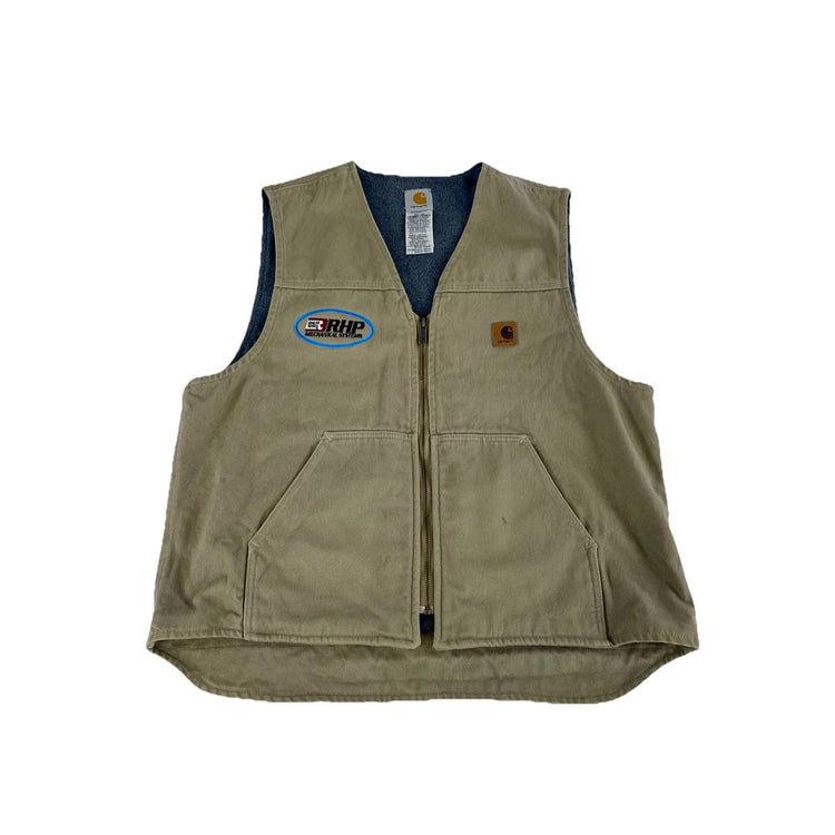 Mens Vintage Carhartt Embroidered RHP Tan Sherpa Lined Zip Up Vest Size XL