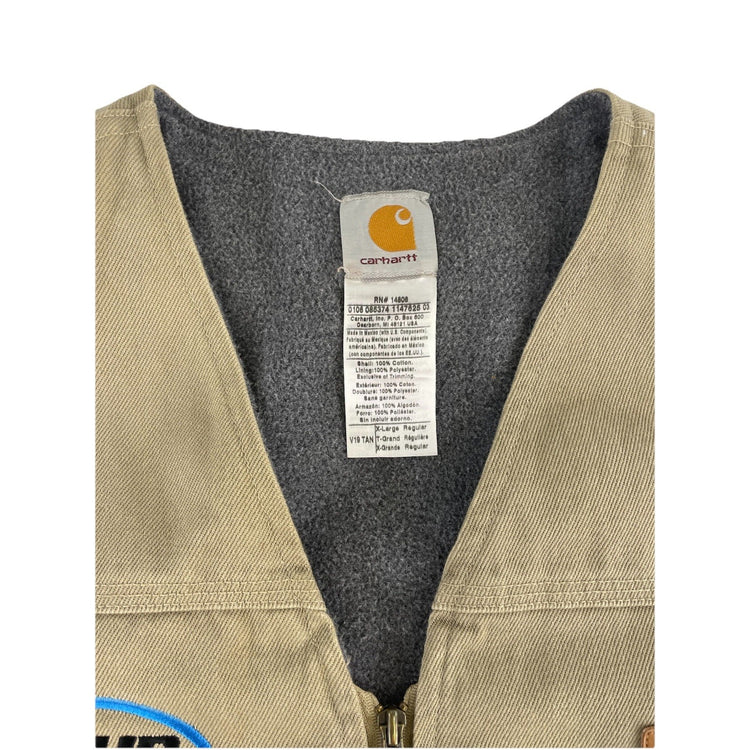Mens Vintage Carhartt Embroidered RHP Tan Sherpa Lined Zip Up Vest Size XL