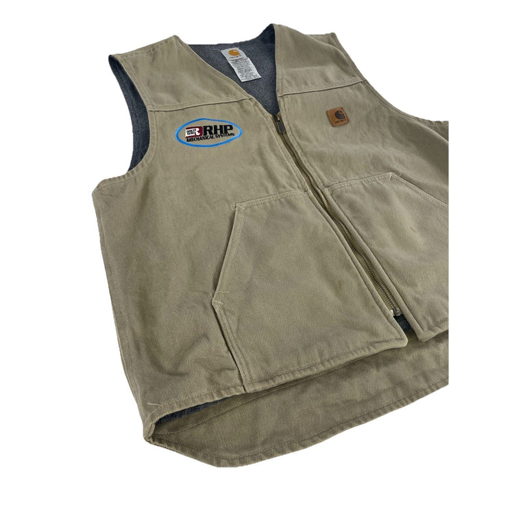 Mens Vintage Carhartt Embroidered RHP Tan Sherpa Lined Zip Up Vest Size XL