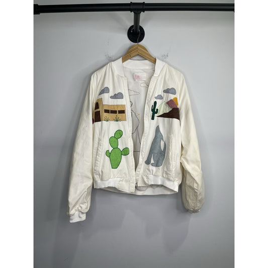 Men’s Vintage DM Apparel White Desert Village Patchwork Bomber Jacket Sz 2XL